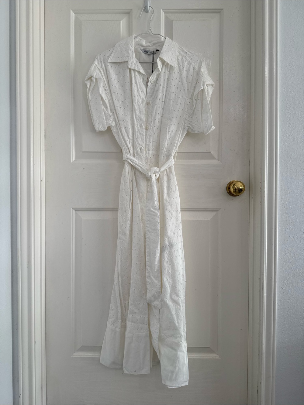 Zara White Eyelet Maxi Shirt Dress with Tie Waist